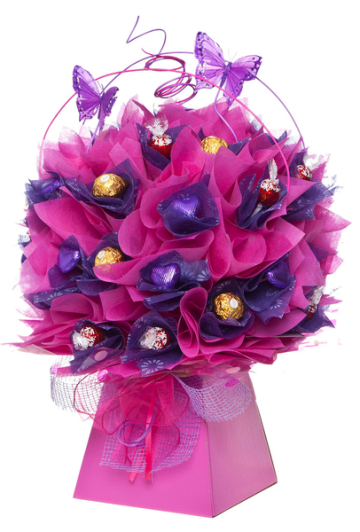 chocolate candy bouquet in pink and purple