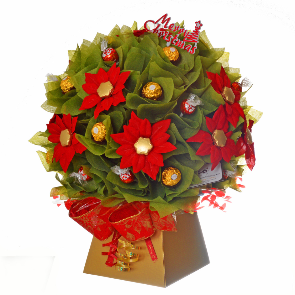 Chocolate bouquet in red, gold with poinsettia flowers