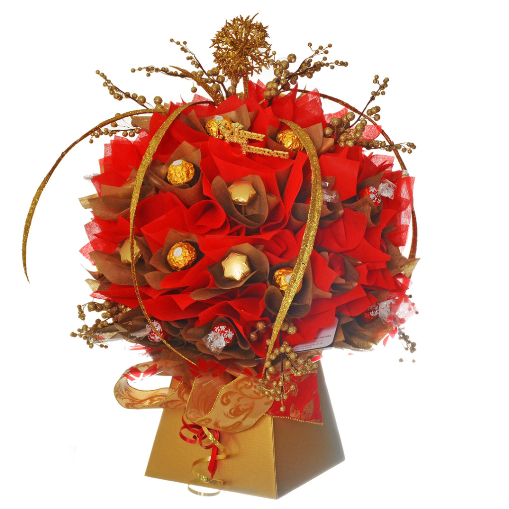 Luxury ferrero rocher chocolate bouquet in red and gold for christmas