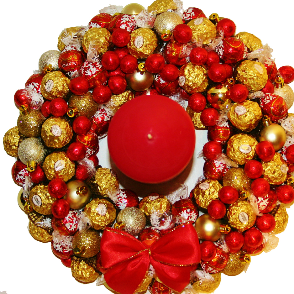 a chocolate wreath with lindoer lindt and ferrero rocher